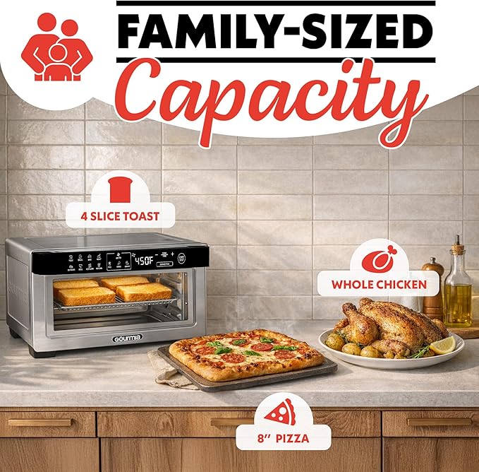 Gourmia Toaster Oven Digital Air Fryer - Convection Mode with 4 Slice Capacity, 3 Rack Positions, 12 Presets, Toast, Bagel, Bake, Roast, Broil, Dehydrate, Popcorn, Fits 9" Pizza, Stainless Steel