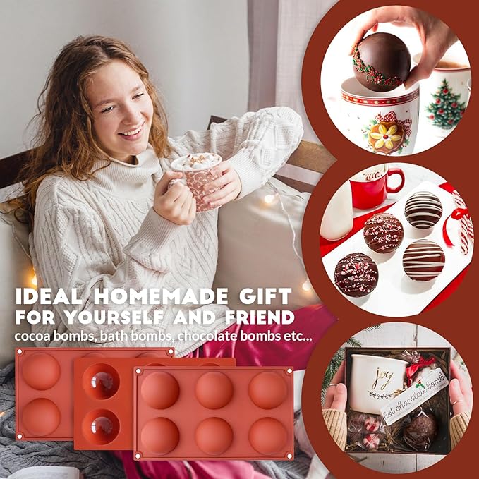 Hot Chocolate Cocoa Bomb Molds Hemisphere Silicone 2.5 Inch 3 Pack, Semi Ball Mould 6 Cavity Large Circular, BPA Free Non-Stick Half Sphere Holiday Valentine DIY Cake Jelly Dome Mousse