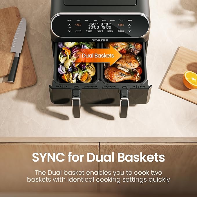 Topzee Dual Basket Air Fryer 8QT – Family Size Air Fryer with Dual Independent Zones, 8 Cooking Presets, Simultaneous Finish Mode, Viewing Windows, 90–400°F, Low-Oil Cooking, Black
