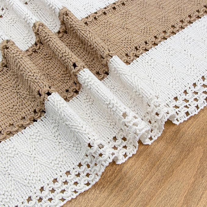 FEXIA Boho Table Runner for Home Decor with Out Tassels 72 Inches Long Farmhouse Rustic Table Runner Macrame Burlap Table Decoration for Living Room Bridal Shower(12x72 Inches)