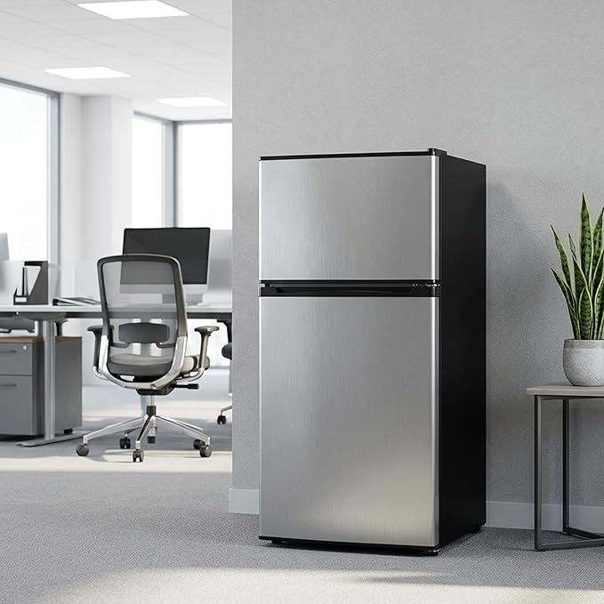 3.2 Cu.Ft Mini Fridge with Freezer, 2 Door Small Refrigerator with Adjustable Thermostat Energy-efficient Low Noise, Compact Fridge for Bedroom, Office, Dorm, Silver