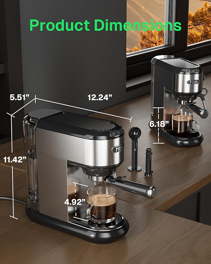 HBN 20 Bar Espresso Machine with Milk Frother, Compact Espresso Maker for Ground Coffee, Stainless Steel Coffee Machine with Steam Wand & 34oz Removable Water Tank, 1450W for Home & Office