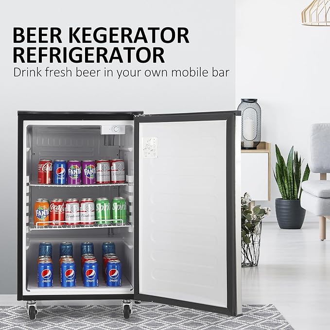 Kegerator and Keg Beer Cooler, Dual Tap Draft Beer Dispenser, Full Size Keg Refrigerator With Shelves, Stainless Steel, Drip Tray & Rail，silver