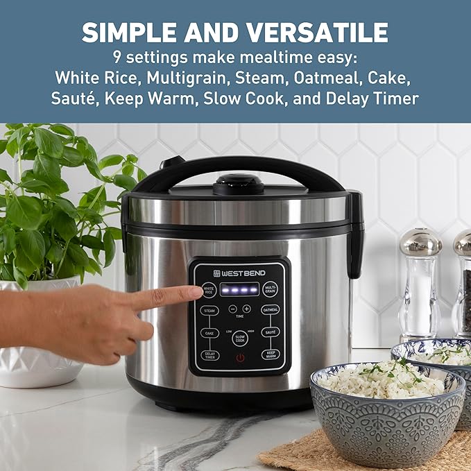 West Bend Rice & Grain Multi Cooker Programmable with 9 Preset Functions, Features Delay Start and Keep Warm Functions and Steam Basket, 20 Cups Cooked (10 cups uncooked), Stainless Steel