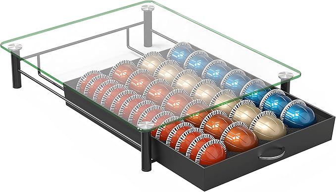 DecoBrothers Crystal Tempered Glass Vertuo Pod Holder Drawer, 28 Large or 56 Small Nespresso Capsule Organizer, Black