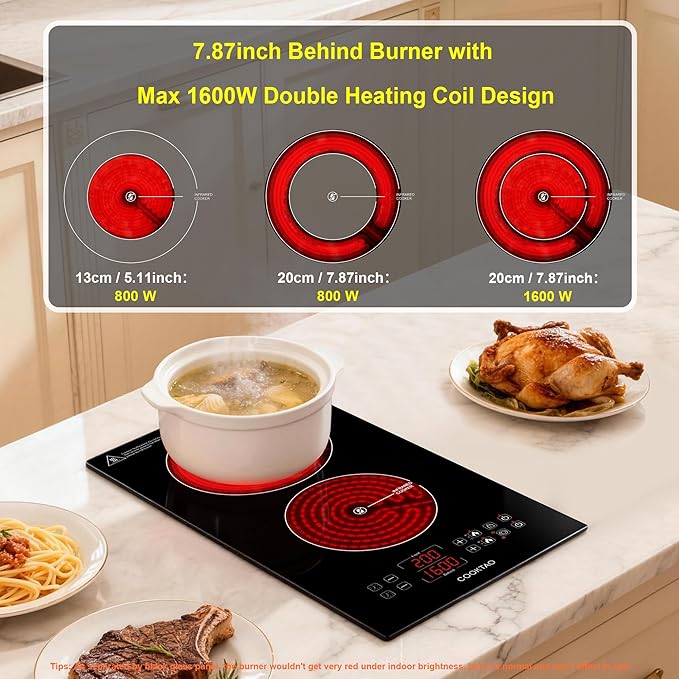 Dual Heating Coil Design of 2 Burner Electric Cooktop, 1800W Commercial Ceramic Infrared Cooking Hot Plate, Portable Countertop or Built-in Radiant Stove Top Cooker with WATT and TEMP Control