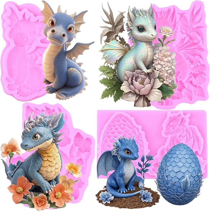 Dragon Fondant Mold Dragon Egg Silicone Molds For Cake Decoration Cupcake Topper Polymer Clay Chocolate Candy Gum Paste Set Of 4