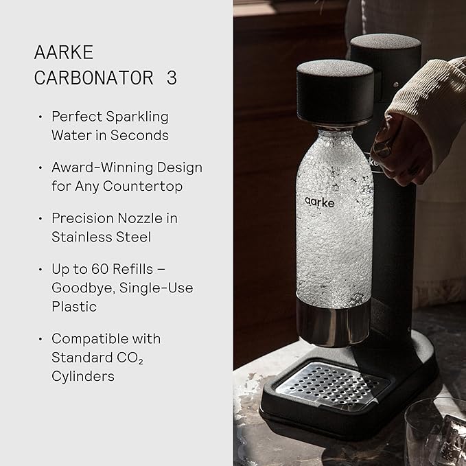 Aarke Carbonator lll with CO2 Cylinder, Sparkling & Carbonation Water Machine, Stainless Steel with PET BPA-Free Reusable Bottle Volume 1L/34 fl oz (Matte Black)