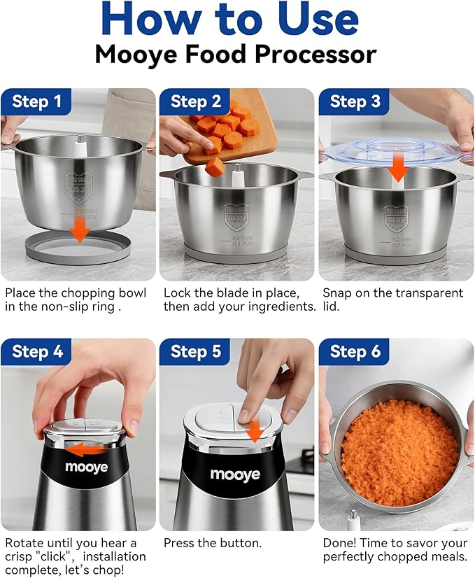 Food Processors Electric Food Chopper with Meat Grinder & Vegetable Chopper - 3 Bowls(8Cup+8Cup+3Cup) with Powerful Copper Motor - Includes 3 Sets of Bi-Level Blades for Fruits/Meat/Nuts