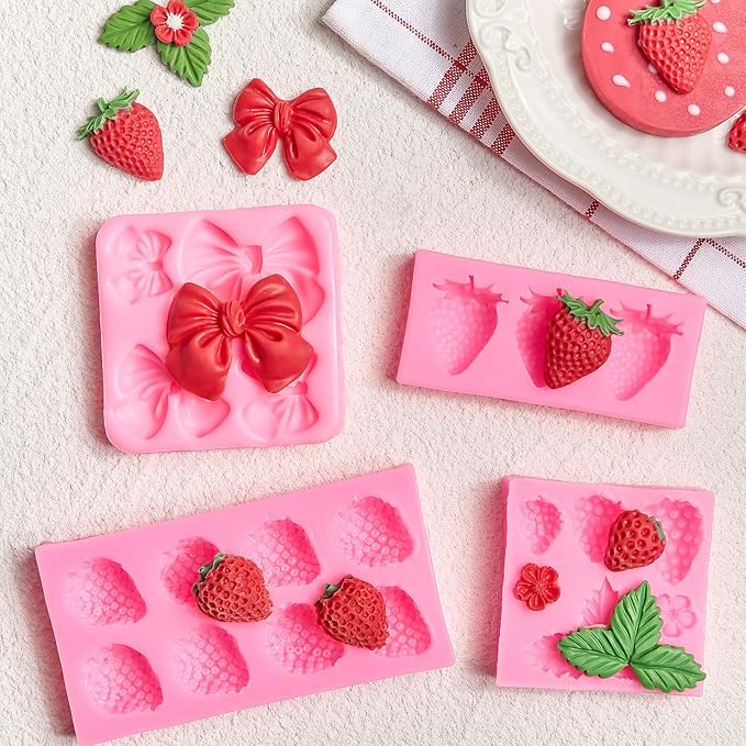 JOERSH 4PCS Strawberry Fondant Molds, Bow Fondant Silicone Molds, Fruit Baking Mold for Cake Decorating, Cupcake Topper, Chocolate, Candy, Candle, Clay