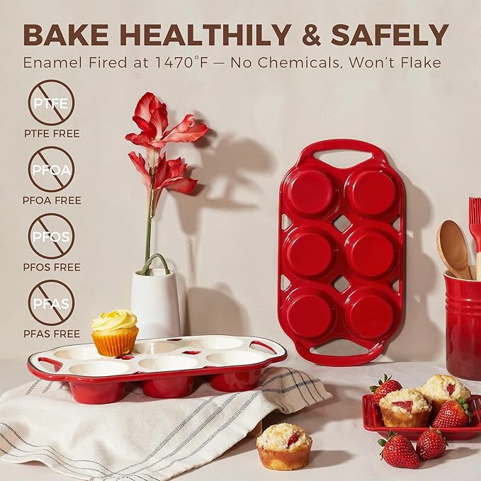 HONGBAKE Everline Collection Enameled Cast Iron Muffin Pan, Non Tocix Naturally Muffin Tin 6, Non Stick Cup Cake Pans for Baking, Oven & Stovetop Safe, Standard Size, 2 Pack, Red