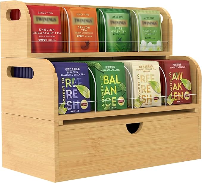 Bamboo Tea Organizer – Stackable Collection (2Tier w/Drawer)
