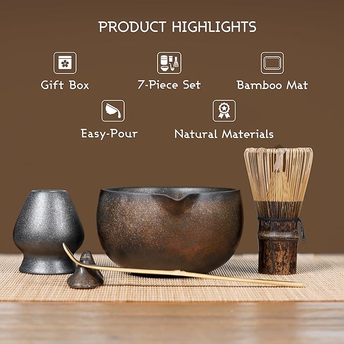 Matcha Whisk Set, 7-Piece Gilded Matcha Set with Ceramic Bowl, Whisk, Wooden Handle Sifter, Large Bamboo Mat and More – Complete Matcha Kit with Gift Box for Matcha Lovers