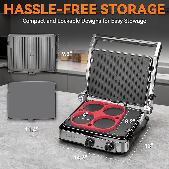Baker's Friend 4-slice Panini Press Grill Cheese Sandwich Maker, Electric Grill Indoor with Temperature Setting, Opens 180 Degrees, Dual Non-stick Surfaces, 4-circle Silicone Mold, Reversible Plates