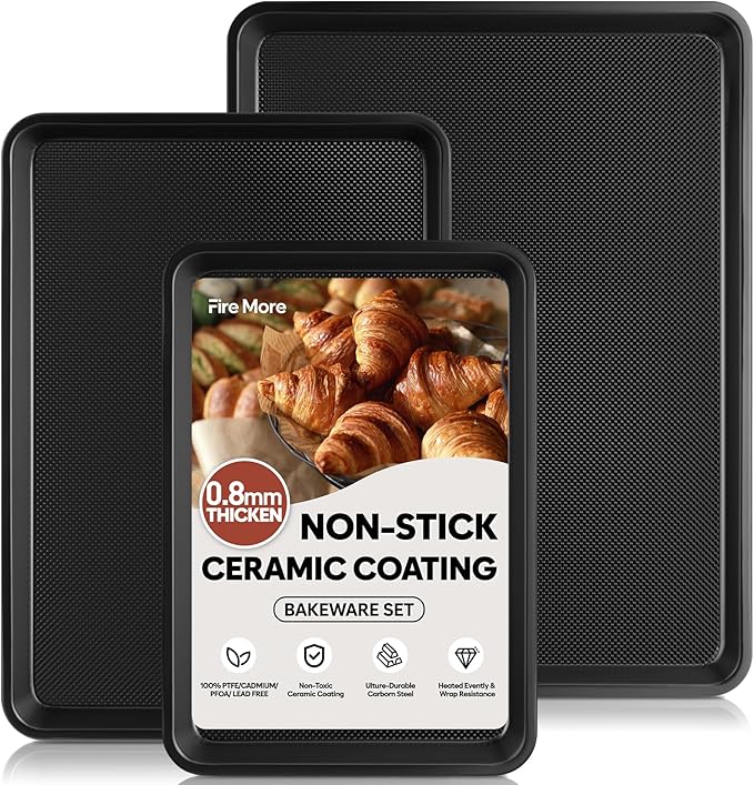 3 Pack Baking Sheet Pan Set, 0.8mm Thick Nonstick Cookie Sheets for Oven, Half/Quarter/Jelly Roll Pans for Oven, Heavy Duty Baking Trays for Oven with Diamond Texture