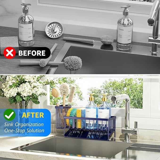 Cisily Navy Blue Sink Caddy Organzier with High Brush Holder, Sponge Holder for Sink, 304 Rustproof Stainless, Kitchen Countertop Soap Dispenser Organizer, Gray Blue Kitchen Decor and Accessories