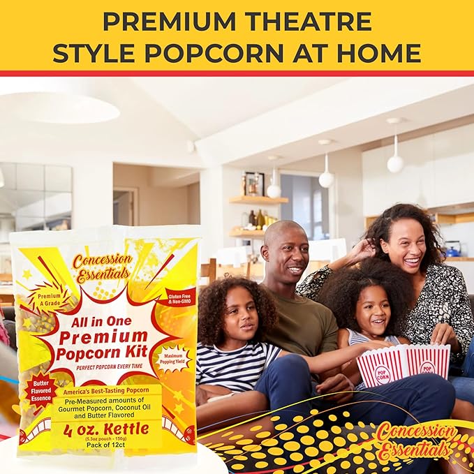 Concession Essentials 4oz Popcorn Portion Packs – Pre-Measured Kernels, Oil & Salt – Case of 12 Packs for Perfect Popcorn Every Time