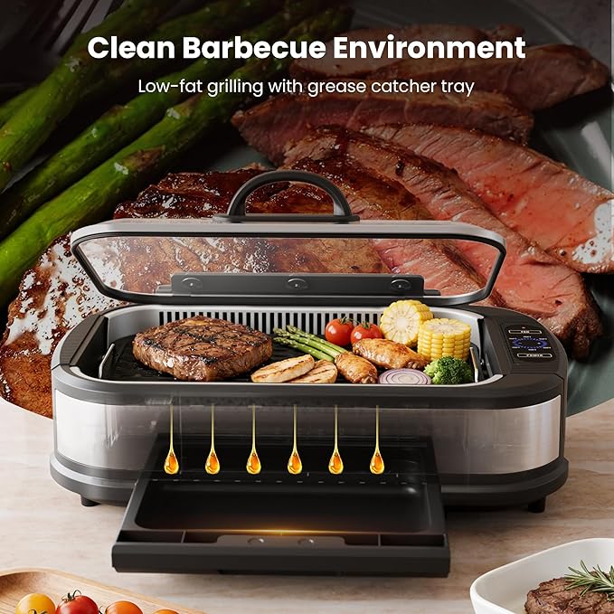 Kismile Smokeless Indoor Grill, 1500W Electric Grill Indoor with Tempered Glass Lid, Non-Stick Korean BBQ Grill with 6-Level Temp Control, Dual-Turbo Smoke Extractor, Drip Tray & Dishwasher-Safe Parts