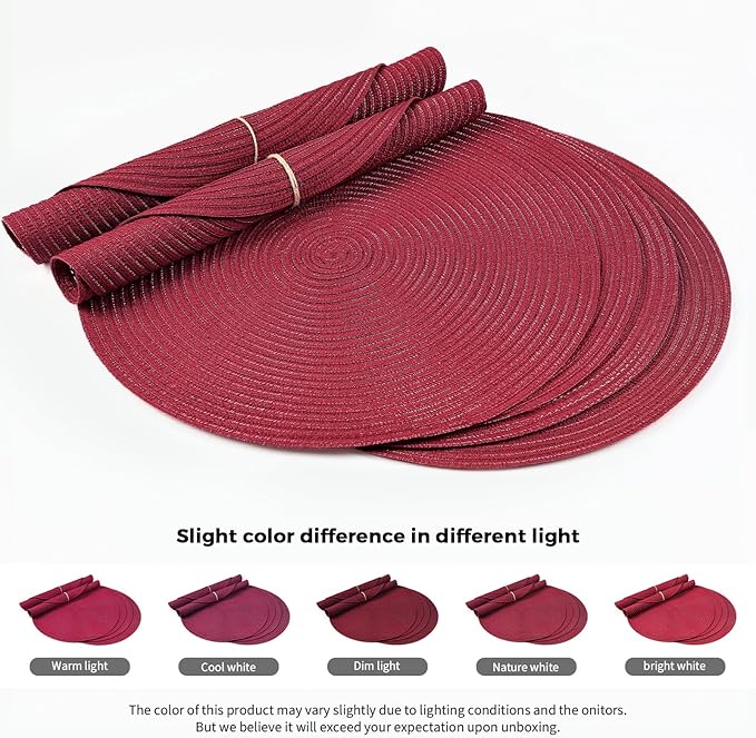 FunWheat Round Braided Placemats Set of 4 Place mats for Dining Tables Woven Heat Resistant Table Mats 15 inch (Wine,4pcs)