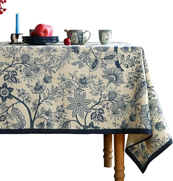 ISAENNE Designer French Linen Long Rectangle Tablecloth,Blue Floral Washable Indoor Table Cloth,Durable Home Decor Tablecloths for Dining Thanksgiving Kitchen Party Christmas,63"*102"-Ruyi B