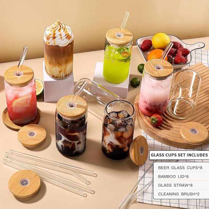 DWTS DANWEITESI Glass Cups with Lids and Straws 8 pcs,16 oz Glass Iced Coffee Cups with Lids-Clear Glass Coffee Cups,Cute Glass Cups for Coffee Bar Accessories Gifts