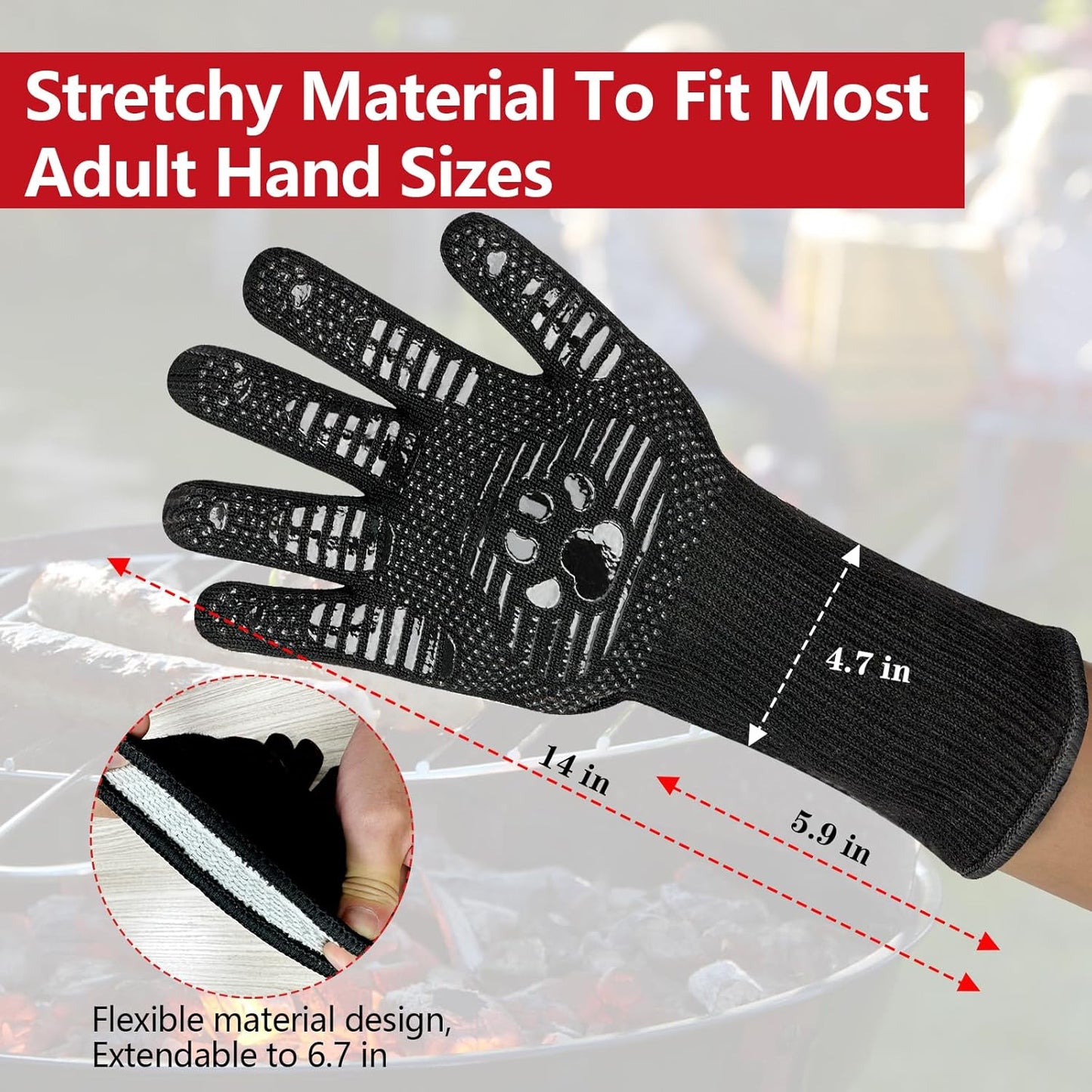 UBeesize Lengthen BBQ Gloves (Bear Paw), 1472°F Heat Resistant Grill Glove, 14 inch Fireproof Oven Gloves for Cooking, Non-Slip Fire Glove for Grilling, Barbecue, Smoker, Baking, Frying