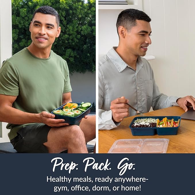 Bentgo Prep - 20-Piece 3-Compartment Reusable Meal Prep Containers with Lids, PFAS & BPA Free Materials, Durable, Microwave, Freezer, & Dishwasher Safe To Go Food Storage (Navy Blue)