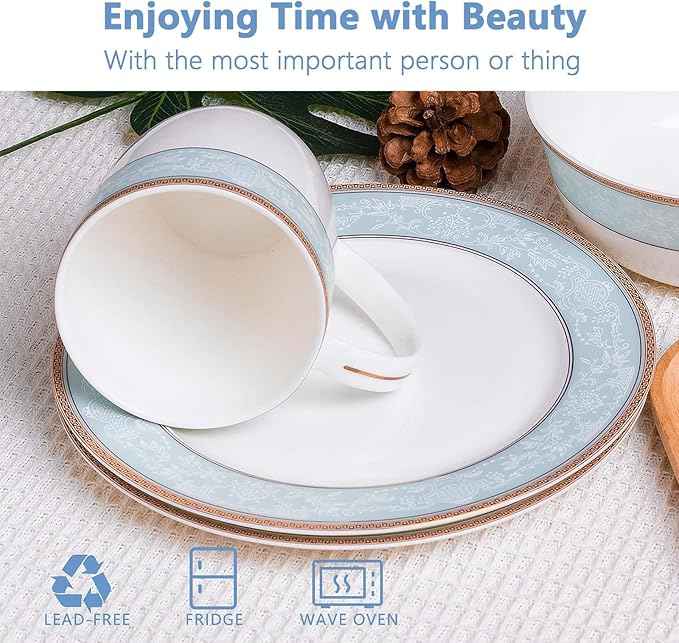 Fine Bone China Dinnerware Set,16 Pcs Classic Relief Pattern Gilt Edged High Grade Porcelain Tableware Sets For 4 People with Gift Box Packaging