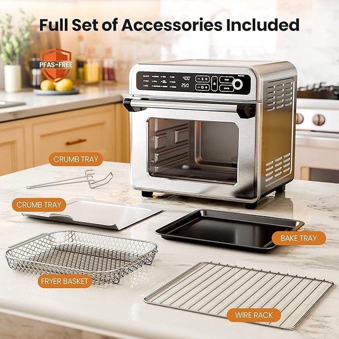 Kismile 18QT Air Fryer Toaster Oven Combo, 12-in-1 Countertop Convection Airfryer Oven, Adjustable 70–450℉ Temperature, Bake, Roast, Reheat & Broil, Fits 8-10″ Pizza, Complete Accessories Included
