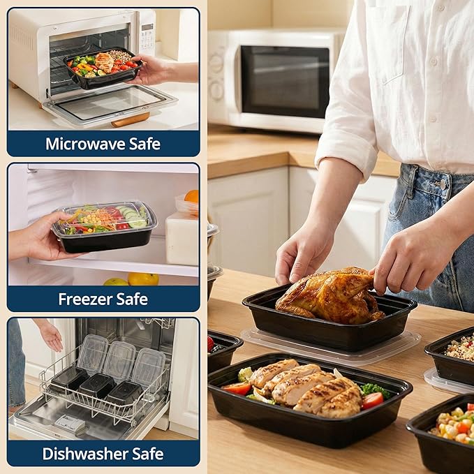 TIYA Food Containers - 38 oz Bulk 150 Pack with Lids - Rectangular Plastic To-Go Containers - Reusable, Microwavable, Dishwasher Safe - Leak-Proof for Meal Prep - BPA-Free
