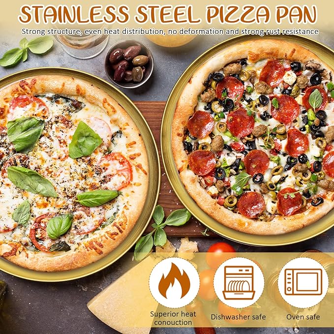 Teenyyou 7 Pcs Pizza Pan Riser Stands Sets Includes 1 Pcs Tiered Tray Stand 3 Stainless Steel Pizza Pan and 3 Wood Handle Knife for Home, Restaurant Party (Elegant Style,Gold)