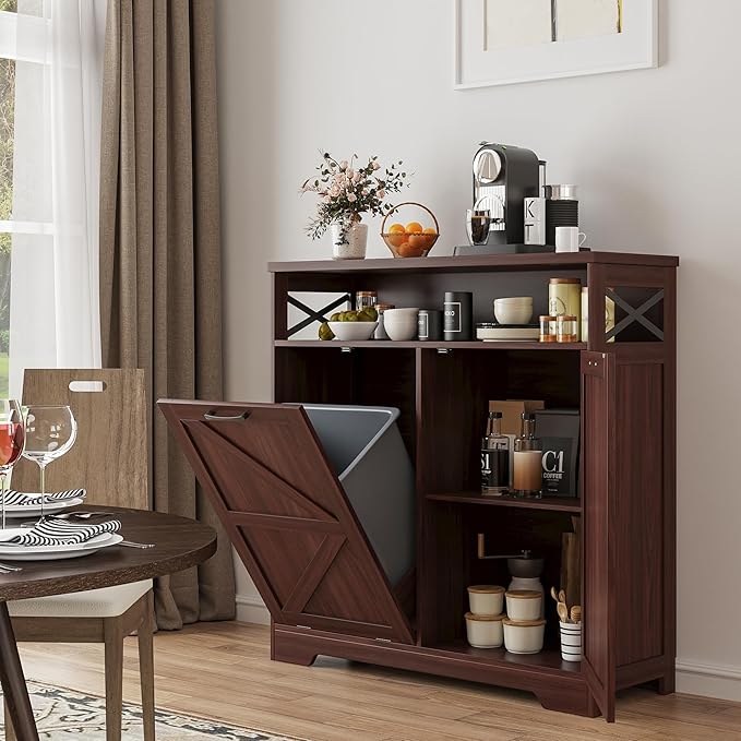 Tilt Out Trash Can Cabinet for 13 * 1 Gallon Trash Can, Farmhouse Kitchen Island Cabinet with Adjustable Shelf for Hidden Laundry Basket, Dog Proof Garbage Can for Dining Living Room, Dark Brown