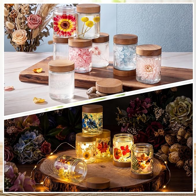 Norme 24 Pcs 8oz Glass Jars with Lids Empty Small Glass Containers and Inner Liners Reusable Cosmetic Jars Round Airtight Bottles with Plastic Wood Grain Lids for Travel