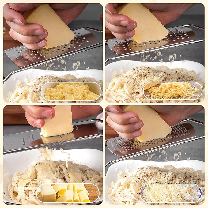 SHIKORI Stainless Steel Cheese Grater with Natural Wood Handle for Parmesan Cheese Lemon, Ginger, Cheese, Nutmeg, Potato, Chocolate and Garlic, With Protective Cover-Round Hole