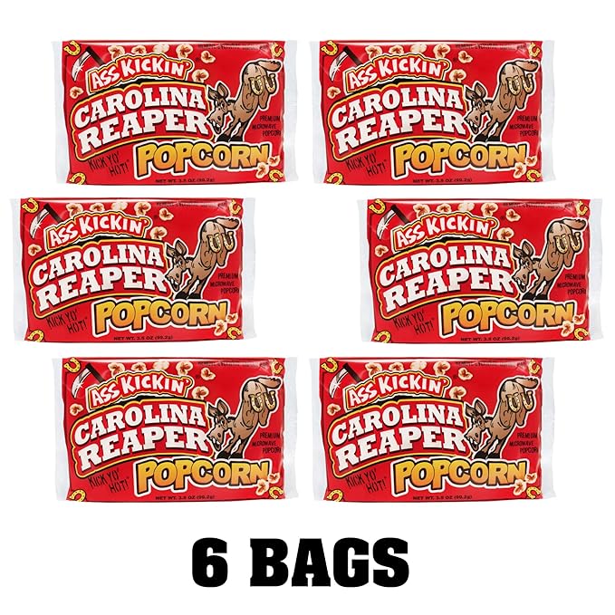 ASS KICKIN’ Carolina Reaper Pepper Microwave Popcorn – 6 Pack - Ultimate Spicy Gourmet Gift Popcorn - Makes a Great Movie Theater Popcorn or Snack Food - Try if you dare!