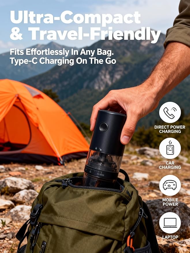 LAMIDO Portable Electric Burr Coffee Grinder - Grind While Charging - Visual Bean Hopper - 38 External Grind Settings - 1.8X Faster Grinding - 2000 mAh Battery for Travel, Camping - Matte Black