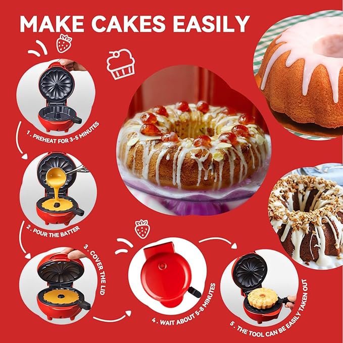 Mini Cake Maker, Portable Mini Bundt Cake Maker Double-Sided Heating, electric cupcake makers for Breakfast, Cake, Snacks (Red)