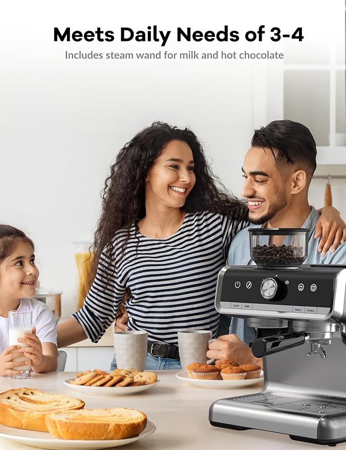 GarveeHome Espresso Machine With Grinder, 20 Bar Semi-Automatic Espresso Coffee Maker With Milk Frother Steamer Wand Cappuccino Latte Macchiato, 95 oz Water Tank, PID Temperature Control, Light Gray
