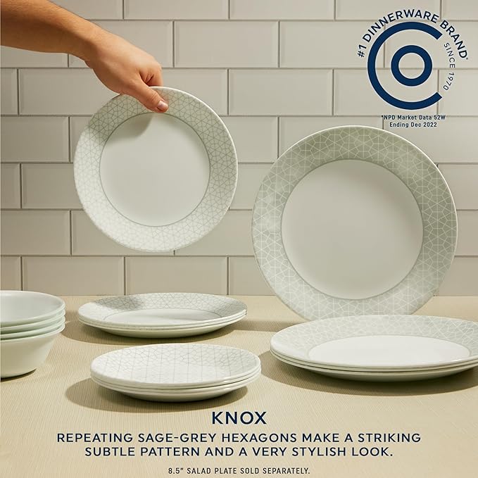 Corelle Vitrelle 18 Piece Glass Dinnerware Sets Service for 6, Triple Layer Chip & Crack Resistant Glass Plate and Bowl Sets, Knox