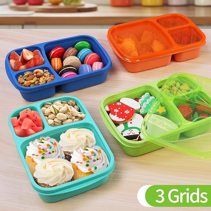 buluker 8 Pack Bento Lunch Box Set 3 Compartment Wheat Straw Meal Prep Food Storage Containers Plastic, Microwave and Dishwasher Safe （Jewel Brights）