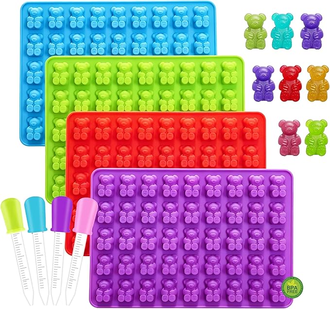 4 pcs Large Gummy Bear Molds 5 ML, BPA-FREE Silicone Chocolate Candy Gummy Molds with 4 Droppers and Cleaning Brush 140 Cavity