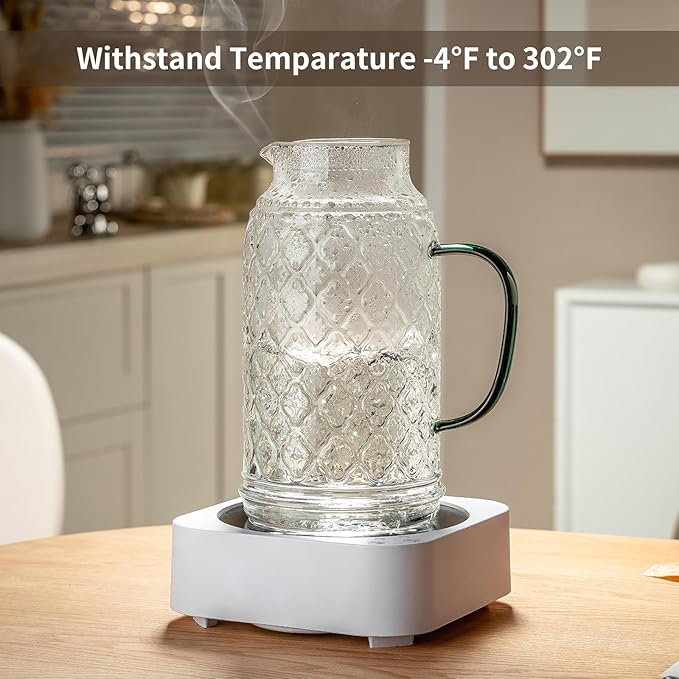 Buaic Glass Pitcher with Lid,84 oz/2.5 Liter Vintage Water Pitcher, Clear Borosilicate Glass Water Carafe for Cold Brew, Coffee, Lemonade, Iced Tea, Juice, Beverage, Heat Resistant Water Glass Jug