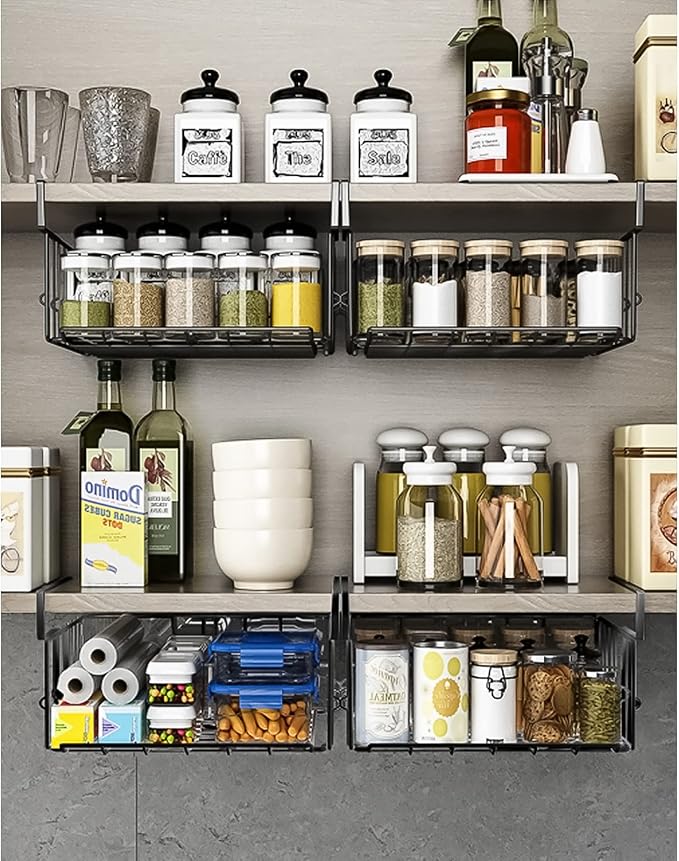 Under Shelf Basket Storage 2Pack - 11.8in Metal Under Cabinet Shelf, Hanging Wire Basket Shelves, Undershelf Storage Basket for Kitchen Pantry Bookshelf