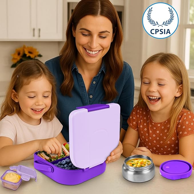 TinyPalsa Bento Box for Kids, 3 Compartment Kids Lunch Box with 10oz Leak Proof Thermos Food Jar, Easy-Open Latch, Dishwasher Safe, Ideal for School, Daycare, Travel with Portable Handle (Purple)