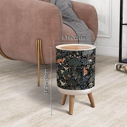 Trash Can with Lid Whimsical Woodland Animals Foxes Rabbits Forest Press Top Round Small Garbage Bin with Wooden Legs Waste Basket for Kitchen Bedroom Nursery 7L/1.8 Gallon