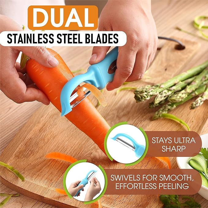 Spring Chef Premium Swivel Vegetable Peeler & Magnetic Measuring Cups & Spoons, Set of 15 with Leveler - 2 Product Bundle - Aqua Sky
