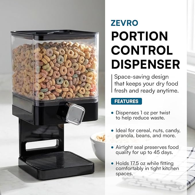 Honey-Can-Do Zevro Compact Dry Food Dispenser, Single Control, Black/Chrome