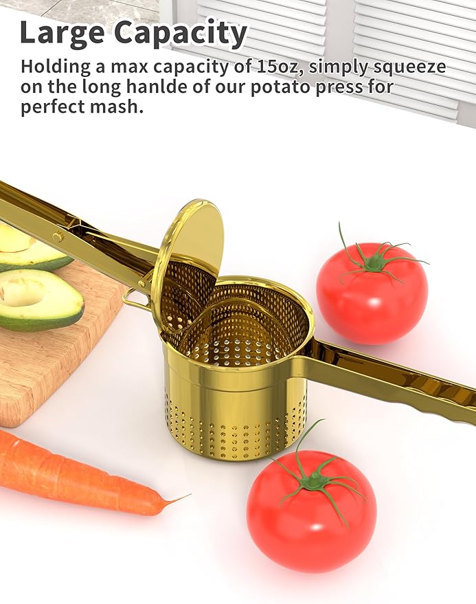 Livilord Large 15oz Potato Ricer, Heavy Duty Stainless Steel Ricer for Mashed Potatoes, Sweet Potato Masher Kitchen Tool with Ergonomic Handle, Press and Mash Kitchen Gadget, Gold