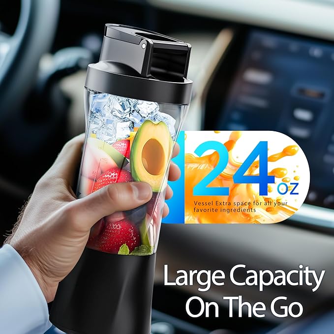 Portable Blender, Cordless, 24oz. Vessel, Personal Blender-for Shakes & Smoothies, BPA Free, Leakproof-Lid & Sip Spout, USB-C Rechargeable & Self Cleaning - Travel with 6 Sharp Blade, Black