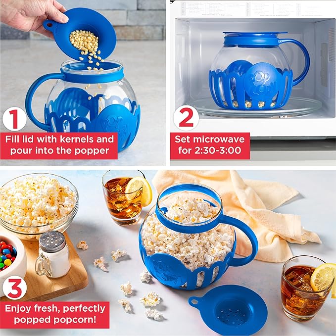 Ecolution Patented Micro-Pop Microwave Popcorn Popper with Temperature Safe Glass,3-in-1 Lid Measures Kernels and Melts Butter,Made Without BPA,Dishwasher Safe,3-Quart,Blue,(Pack of 4)